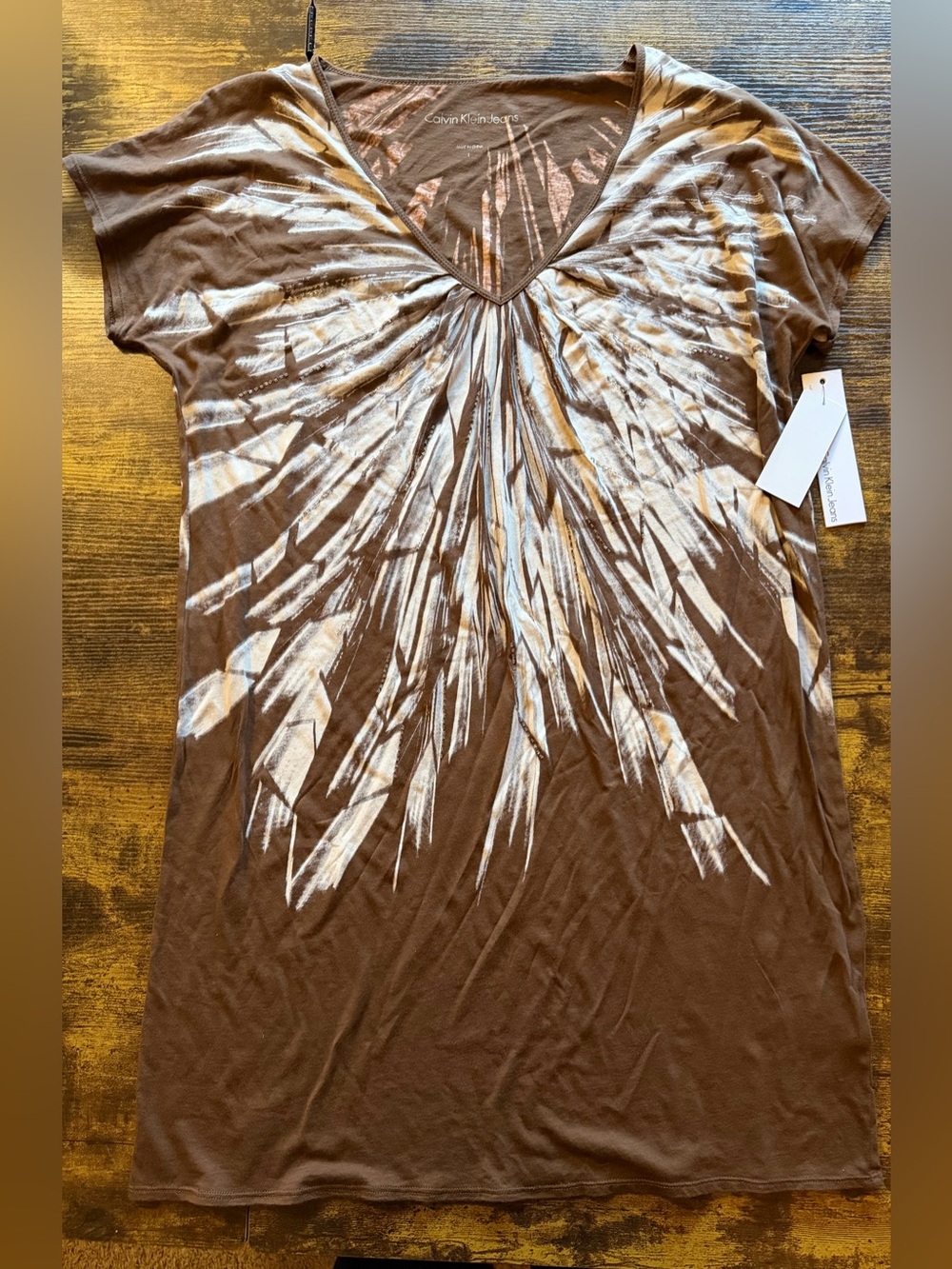 Calvin Klein Jeans Beaded Brown V-Neck Tshirt Dress with Burst Print